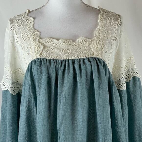 ODDY Teal & Cream Babydoll Boho Eyelet Lace Prairie Dress NWT Size S - Picture 3 of 12